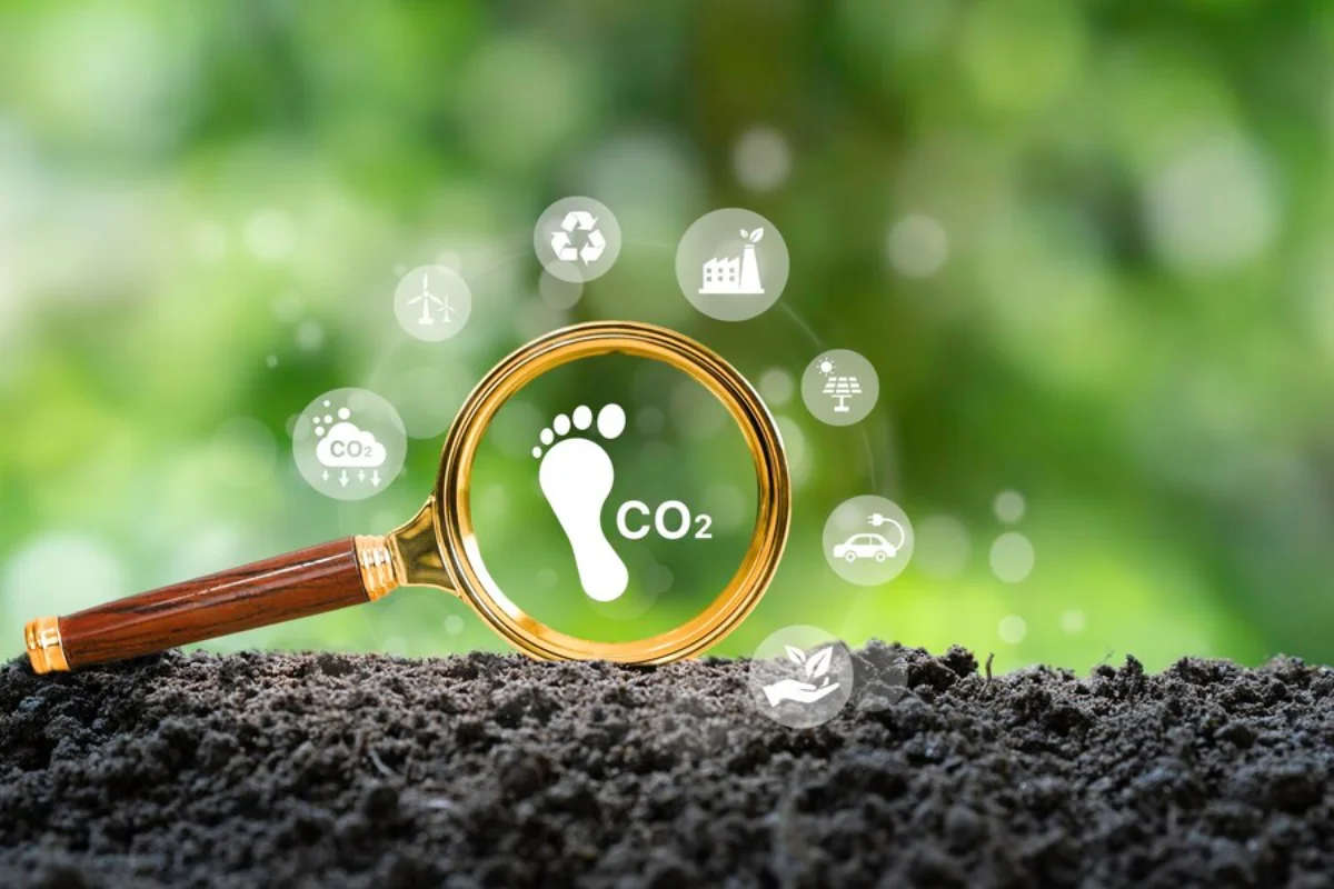 Magnifying glass over soil focusing on a CO2 footprint icon with environmental symbols floating around.