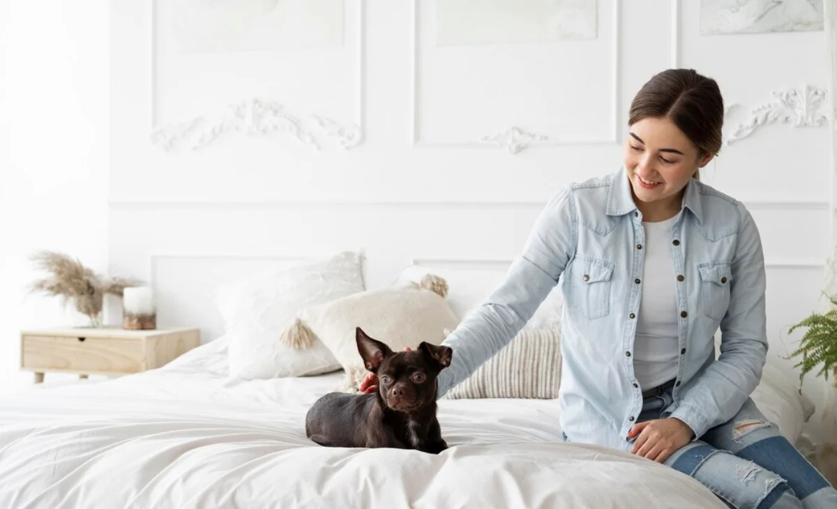 Young woman in a denim shirt petting a small black dog on a white bed in a bright bedroom.