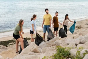 Five people collecting litter on a rocky beach beside a calm sea.