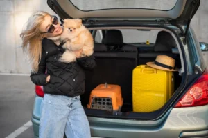 Woman in sunglasses holding a small dog next to a car boot filled with luggage.