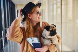 Young woman in a cap smiling and holding a pug, carrying flight tickets in a modern airport setting.