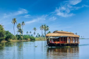 Traditional houseboat on a serene river surrounded by lush greenery and tall palm trees under a clear blue sky.