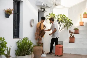 Two men entering a white-washed building, one carrying luggage, surrounded by potted plants and flowers.