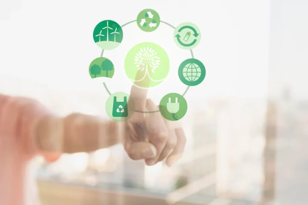 Person touching a digital screen with icons representing various environmental and sustainability concepts.